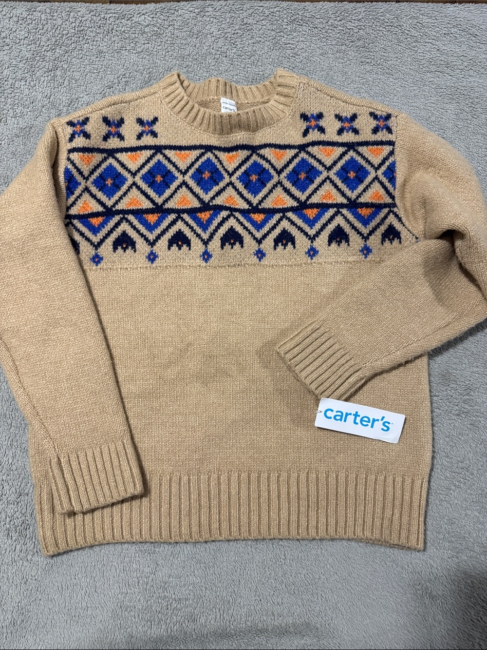 Carter's Tan Crewneck Sweater with Blue and Orange Fair Isle Yoke